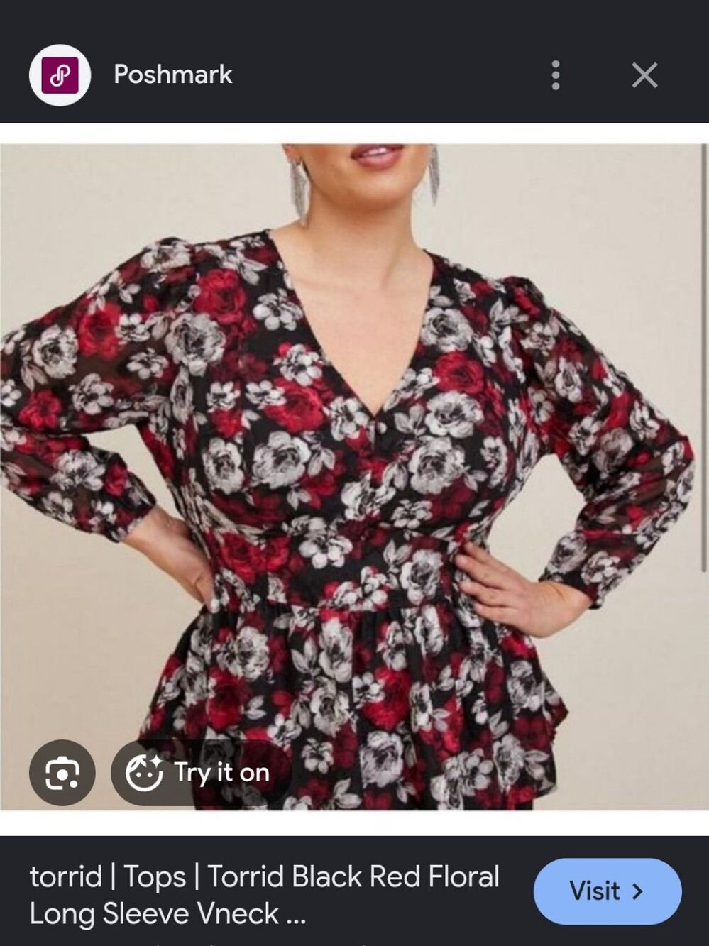 torrid Black Red Floral V-Neck Peplum Blouse